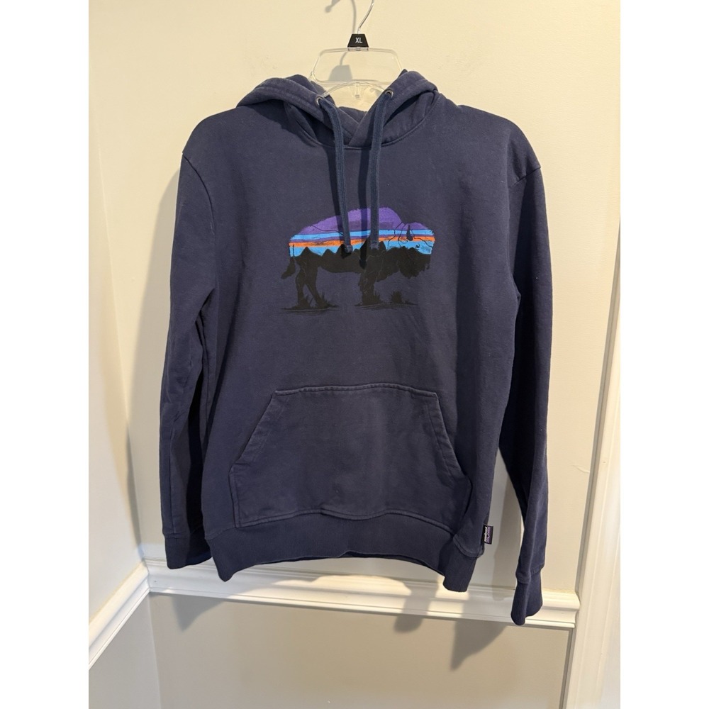 Patagonia Mens Fitz Roy  Bison Uprisal Blue‎ Fleece Hoodie Regular Fit Size S
